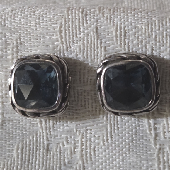 John Hardy Classic Chain Blue Topaz Square Stud Earrings SS